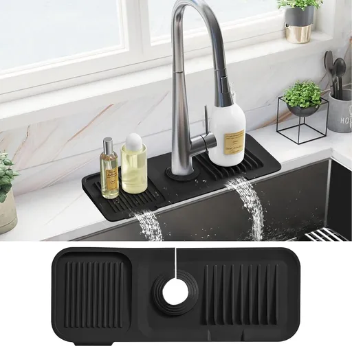 14" Drain Mat - Sink Mat - Faucet Mat - Kitchen Drying Mat - Splash Guard - Non-Slip - Kitchen Sink Protector - Silicone Short Drain Mat - for the sink, for kitchen utensils, cups, fruit and vegetables - Black