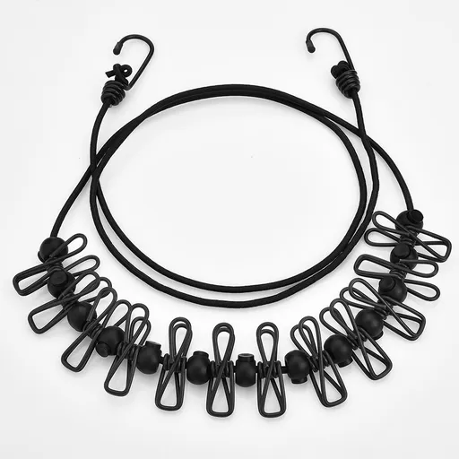 Black Portable Windproof Travel Clothesline and Velvet Storage Bag - 1.8M to 4M High Elastic Travel Laundry Line with 12 Clips & 13 Positioning Beads to Prevent Clothes Tangling