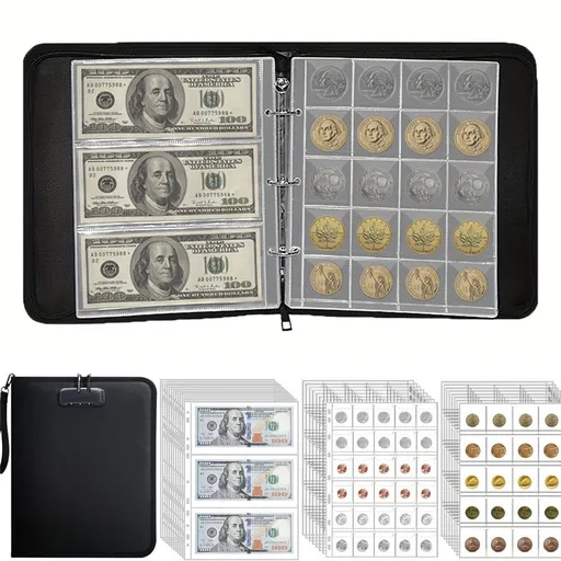 Coin Collection Album for Collectors with Lock, 360 Pockets Fireproof Coin Holder Book & 36 Paper Currency Binder Sleeves, Coin Storage Collecting Organizer for Pennies,Bill,Tokens,Badges（oniy bag）