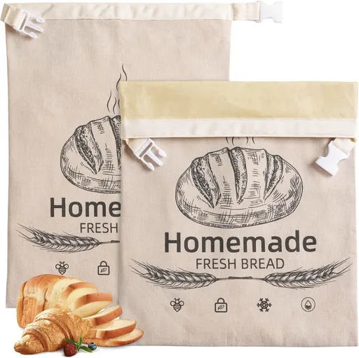 2 Piece Beeswax Bread Bag Set Organic Linen Beige, 43 x 32 cm