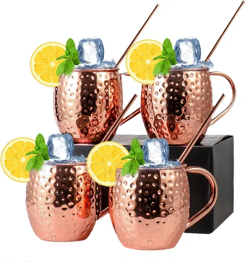 Moscow Mule Copper Mugs of 4 18-oz Pure Copper Plating Stainless Steel Drinking Cup with 4 Cocktail Copper Straws Great Dining Entertaining Bar Gift