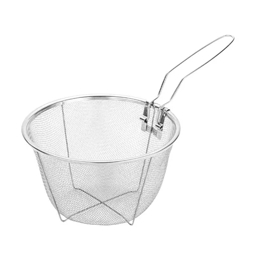 Deep Fryer Basket Stainless Steel Deep Fry net with Foldable Handle, Fry Chips Baskets Round Wire Mesh Basket with Folding Handle for Kitchen Frying Pasta Spaghetti Silver