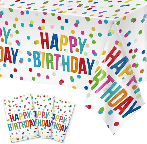 3pcs Birthday Tablecloth, Happy Birthday Decorations Set, Colorful Rainbow Dots Design with Happy Birthday Tablecloth. Waterproof Plastic Table Covers for Boys/Girls Party 54X108inch
