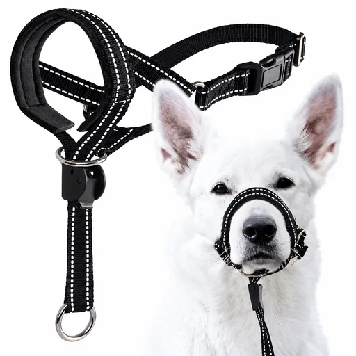 2PCS Black Adjustable Dog Head Collar and Breathable Muzzle Harness Set (M Size) - Soft Padded No-Pull Muzzle Training Halter with Lockable Chin Clip & Quick-Release Buckle
