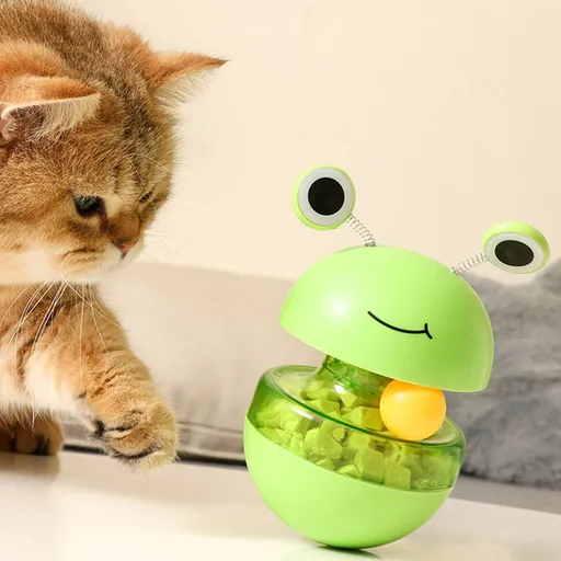 Cat Treat Puzzle Toy, 2 in 1 Slow Feeder Frog Ball for Cats, Treat Toy with Feather and Balls, Green