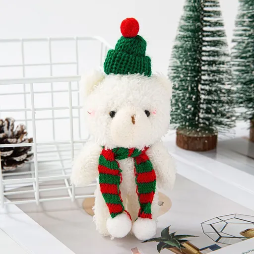 White Christmas Curly Bear with Green Dome Hat and Red & Green Scarf, Plush Ornament for Shelf Display and Seasonal Gift Matching