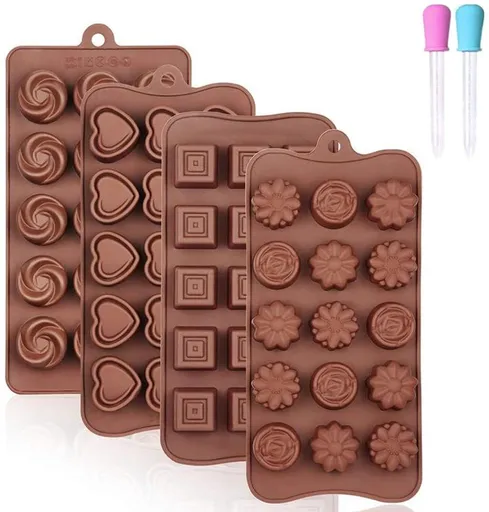 4 Pack Silicone Chocolate Molds, Non-Stick Candy Making Trays with 2 Droppers, Food Grade Baking Molds for Chocolate Candy and Butter, Various Shapes
