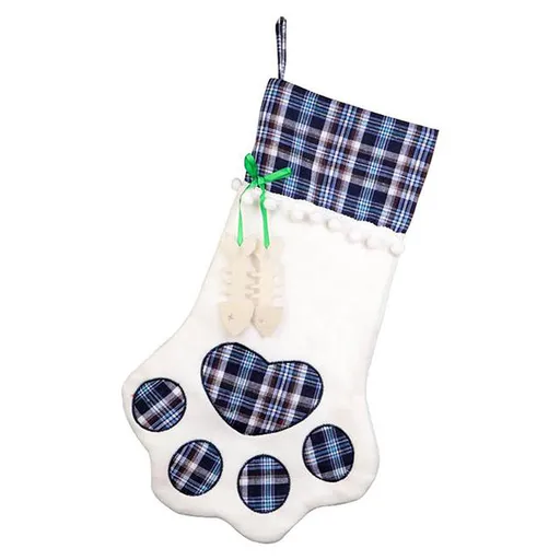 Dog Stocking Paw Shape Large Plaid 46cm Blue