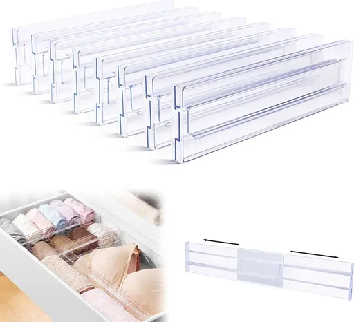 Drawer Divider - 8 Pieces - Drawer Organizer - Cutlery Organizer - Storage System - Drawer Trays - For Kitchen/Bedroom/Office/Clothing - Easy to Install - Organizers - Adjustable - Extendable - Plastic - Multifunctional - Transparent