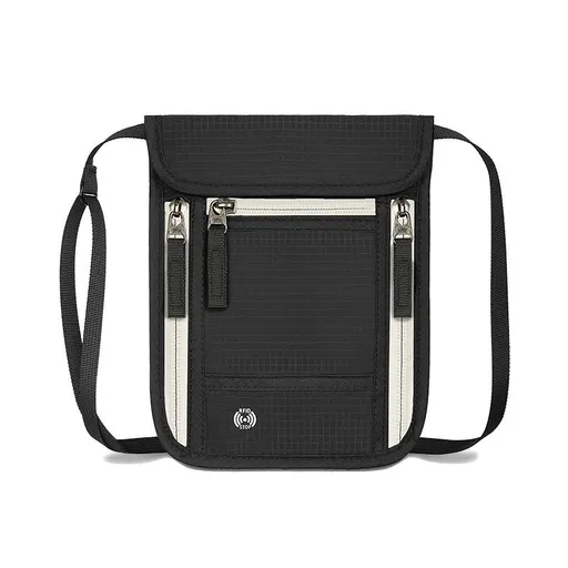 Black and Grey RFID Neck Passport Holder - 16.3 x 22.8 cm Lightweight Nylon and Polyester Crossbody Travel Wallet and Document Organiser for Phone, Cards, Cash and Tickets