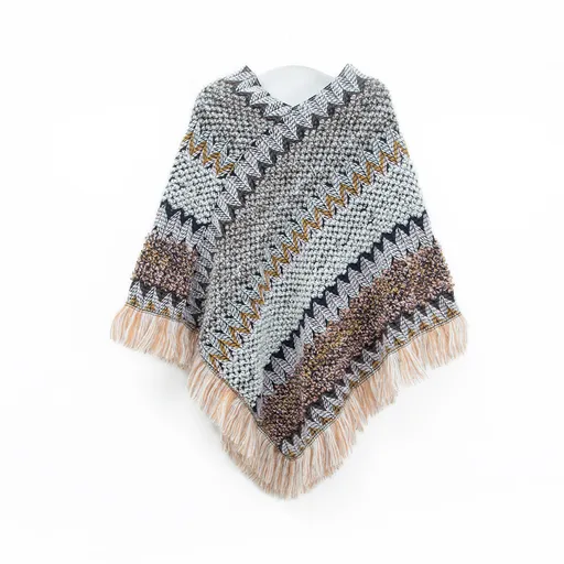 Gray Lightweight Chevron Knit Poncho for Women - Elegant Fringed Shawl Wrap