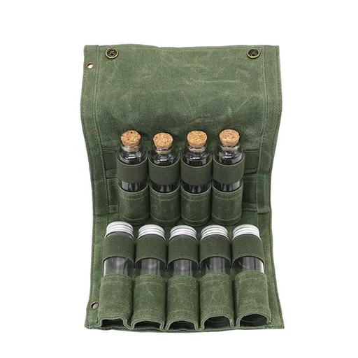 Camping Spice kit with 9 spice Jar Canvas Travel Seasoning container, portable spice bag for travel (MILITARY GREEN)