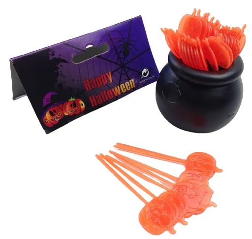 HALLOWEEN Cauldron Cupcake Party Picks Plastic Decoration Pumpkin Toothpicks - Orange