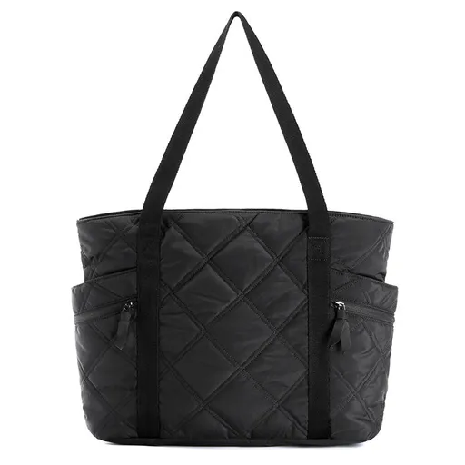 Womens Puffer Tote Bag Quilted Nylon Shoulder Handbag Large Capacity Laptop Work Travel Gym Carryall Bag with Zipper Black