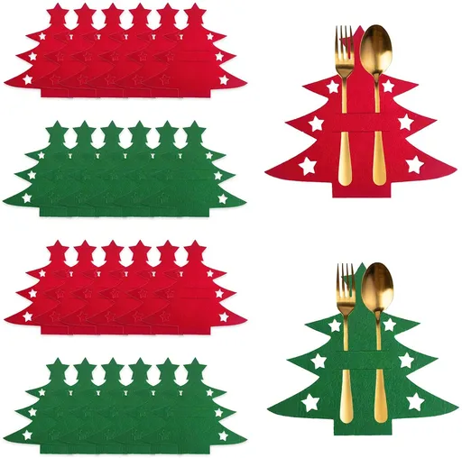 Christmas Tree Cutlery Organizer - 24-Piece Pack - Silver Cutlery Organizer Bag - Cutlery Case - Christmas Tree Pattern Felt Cutlery Case - Christmas Holiday Party Table Decoration