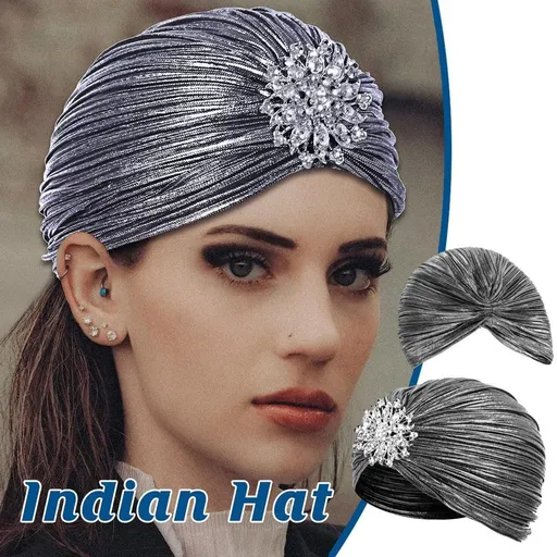 Muslim Women Pleated Silver Pleated Indian Wrap Turban Headscarf Elegant Hat