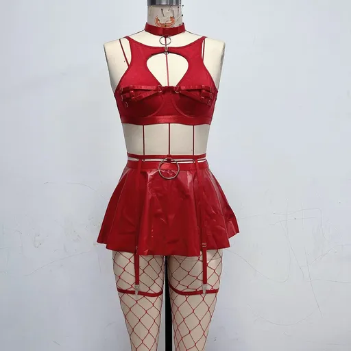 Lace Erotic Lingerie Set Sexy Bra Solid Color Leather - Red - M