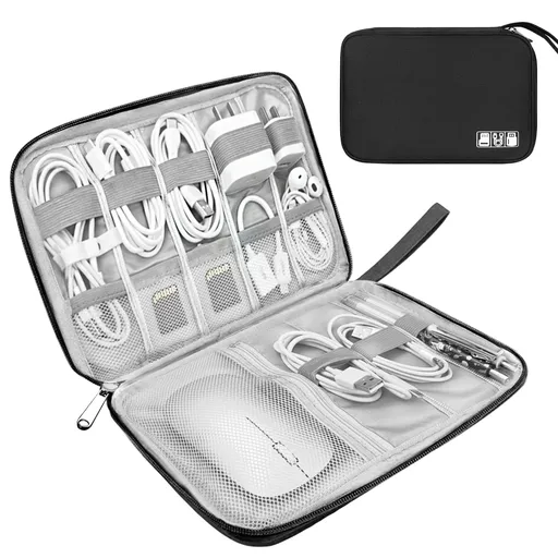 Travel Cable Organiser Bag for Chargers, Power Banks, USB Drives and SD Cards, Water-Resistant Electronics Storage, Black