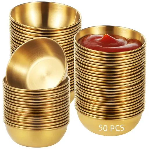 50PCS Round Golden Sauce Bowls, 2.4" x 1" Stainless Steel Dipping Sauce Cups, Small Seasoning Dish Sauce Container, Prep Appetizer Plate, Condiment Holder Bowl for Home Restaurant Party