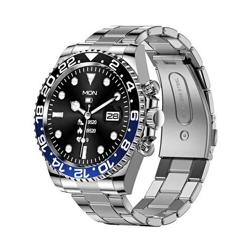 Smartwatch Classic Stainless Steel with Rotating Timer Bezel Bluetooth Calling Luminous Display Blue and Black