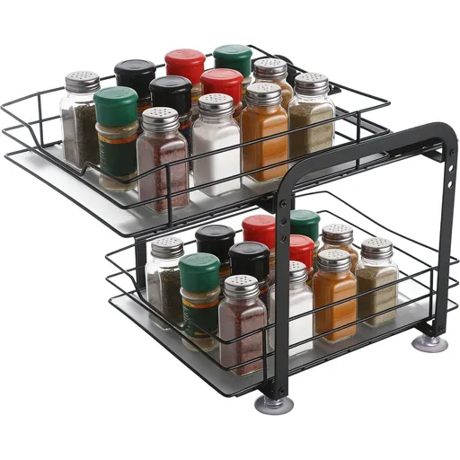 2-Tier Pull Out Spice Rack Organizer, Heavy Duty Metal Storage Shelf, 11" x 9.4" x 9.8" Slide Cabinet Organizer with Adjustable Height Trays, Suction Cup Feet for Kitchen, Pantry, Bathroom