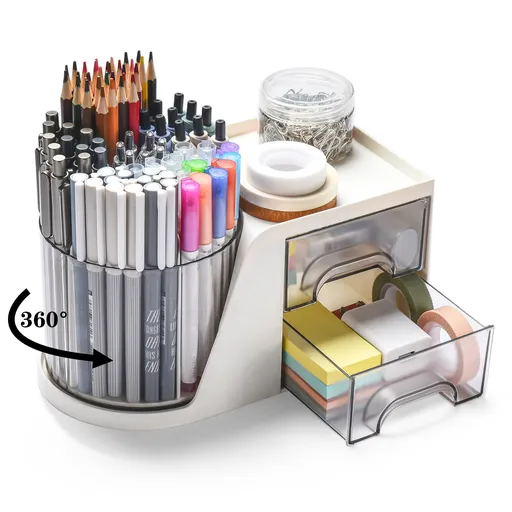 1 Piece Rotating Desktop Organiser with Pen Holder and Drawer for Stationery, Cosmetics and Tidy Home Office Storage, White