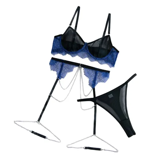 House Of Dasein Sexy Lingerie Lace Mesh Splicing Contrast Color Gathered Transparent With Chain Three-Piece Set - Black - S