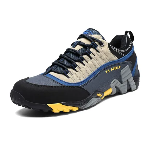 Lefectic Hiking Shoes Genuine Leather Waterproof. Dark blue yellow 39