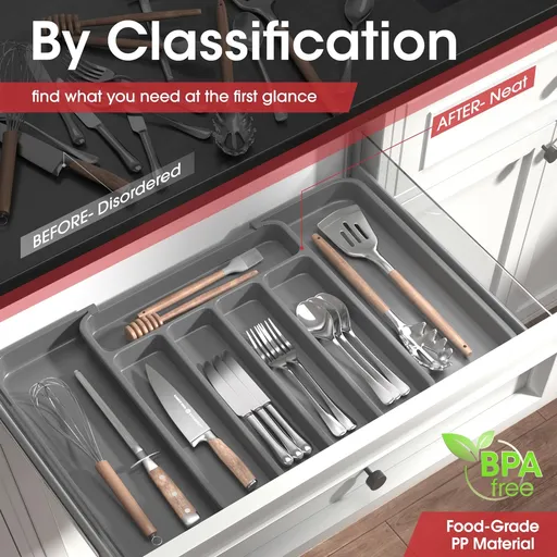 Expandable Kitchen Drawer Organizer, Adjustable Utensil Organizer, Cutlery Drawer Organizer for Forks, Multipurpose Kitchen , Grey