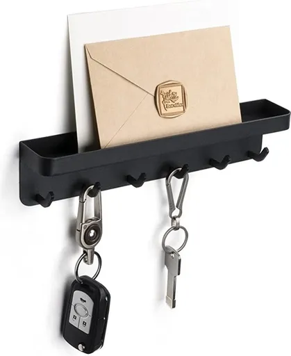 6-Hook Magnetic and Screw-Mount Key Rack with Storage Shelf, Matte Black