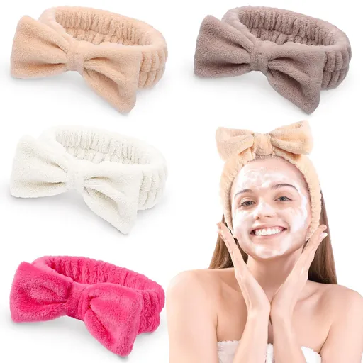 4 Pack Spa Headband, Makeup Headband Skincare Headbands Bow Hair Band,Soft Coral Fleece Head Band Wraps for Women and Girls