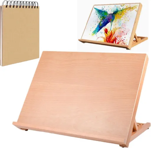 Portable Wooden Drawing Board Desktop Easel With 4 Adjustable Angles Foldable Lightweight For Artists Includes Sketchbook Natural Wood, 30 x 22 cm