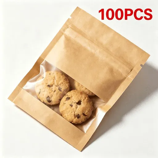 100 Pack Resealable Kraft Paper Bags with Window - Mini Zipper Pouches for Food Storage, Coffee Samples, Snacks, Tea, and Small Items - 2.7 x 3.5 Inch Clear Window Bag for Home, Kitchen