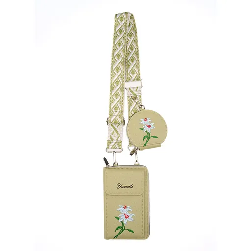 Green Chic Floral Embroidered 2-in-1 Crossbody Phone Bag with Coin Purse