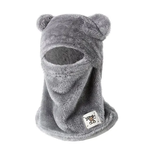 Cute Bear Ear Plush Integrated Balaclava Hat, 4-in-1 Windproof Warm Neck and Face Cover Hat - Gray