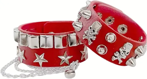 2-Piece Punk Rock Bracelet Set Studded Leather Cuff Bracelets with Metal Skull Adjustable Wrap Wrist Cuffs Vintage 80s Emo Goth Jewelry Accessories for Halloween Concerts and Festival Outfit