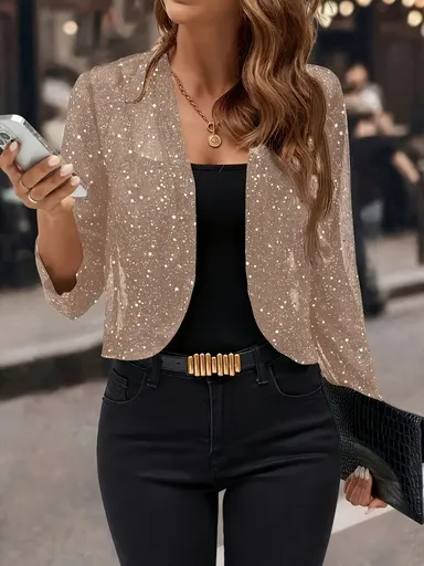 Sparkly Women'S Jacket Sheer Jacket Women'S Outerwear Fashion Jacket Glamorous - Khaki - Size XXL