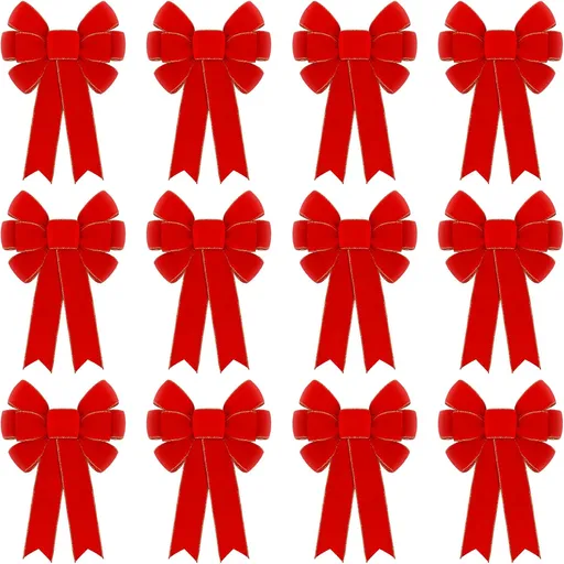 12 Pcs Red Velvet Bows for Christmas Tree Decorations, 9" X 14" Outdoor Christmas Bows Tree Topper Ornaments with Glitter Gold Edge for Wreaths Fireplace Home Party Door Xmas Holiday Decor