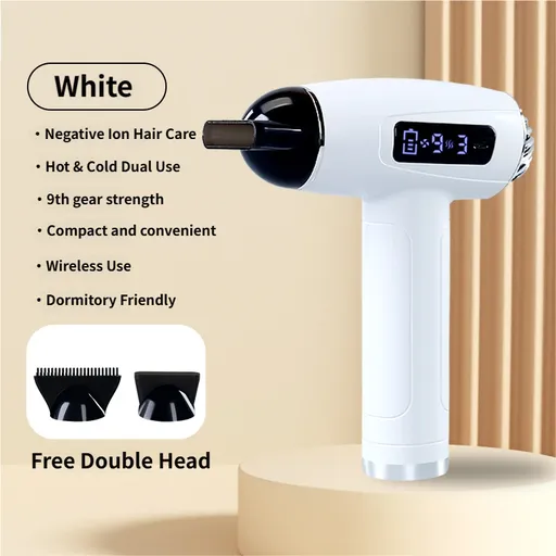 White Cordless Ionic Constant Heated Hair Dryer with LCD Display & 9 Wind Speeds - USB Rechargeable Hair Care Blow Dryer, Concentrator & Diffuser Included