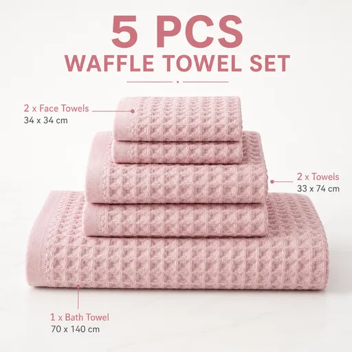 5 Piece Pink Waffle Weave 100% Cotton Towel Set - Quick Dry Absorbent Bath Towel, 2 x Towels and 2 x Face Towels with Hanging Hook for Home and Guest Use