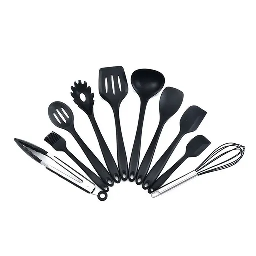 10pcs Silicone Kitchen Utensils Non-stick Cookware Spatula Spoon Cookware Set - Black