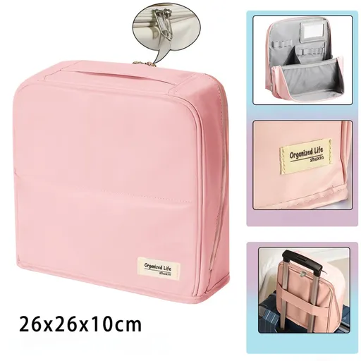 Pink Magnetic Compartmentalized Standing Cosmetic Bag – Large Capacity with Mirror, Travel Makeup Organizer (26×10×26 cm)