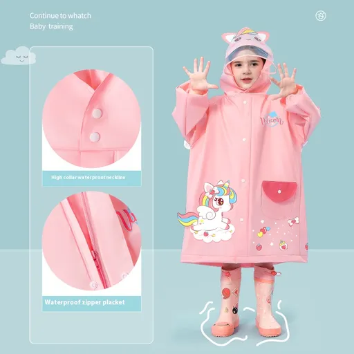 Pink unicorn Kids Waterproof Raincoat with Expandable Backpack Slot Hooded Rain Jacket for Boys & Girls School & Outdoor(size:XL)