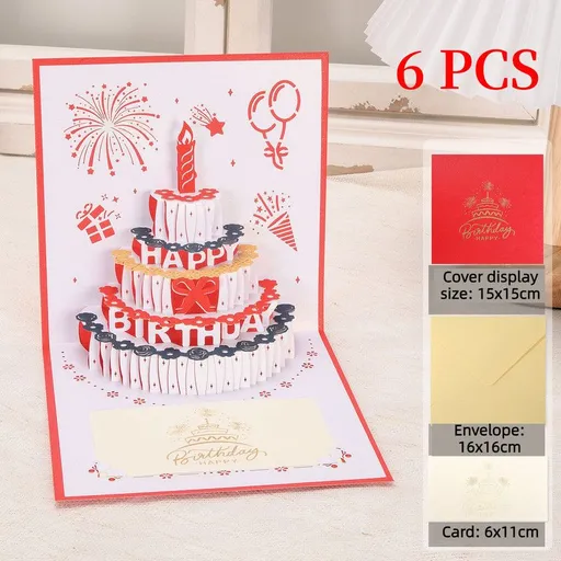 6-Pack - Classic Color Clashes Cake 3D Pop-Up Birthday Cards, Papercut Foldable Greeting Gift Cards - Red