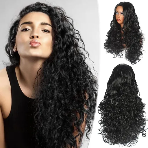 Chemical Fiber Wig Black Long Hair Small Curly Head Cover Matte High-Temperature Silk, Wear and Go Glueless Wig for Beginners