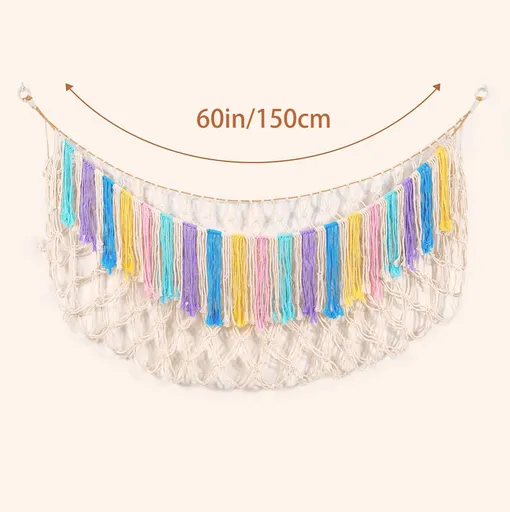 Multicolor Hand-Woven Cotton Rope Plush Toy Hammock - Wall Organizer with Tassels, Decorative Toy Net (150 x 40cm)