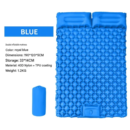Double Outdoor Foot Pump Inflatable Sleeping Pad （190 x 120 x 5 cm）- 40D Nylon Camping Air Mattress with Built-in Pillow and Double Valve - Portable Moisture Proof Mat for Hiking Backpacking