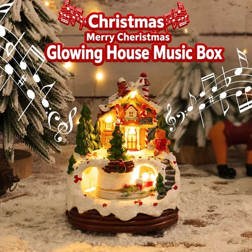 Christmas Snow House Resin Music Box – Dual power supply via USB or batteries, compact 12×12×16cm size, perfect as a desktop ornament or holiday gift, warm and dreamy to accompany you through the festive season.