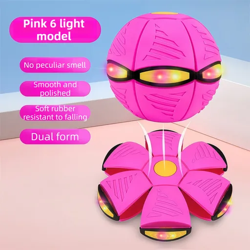 Pink LED Transforming Flying Disc Ball Toy with Music & 6 Light - Soft EVA Bounce Ball and Frisbee Shape Switchable Outdoor Interactive Soccer Toy for Exercise and Fun