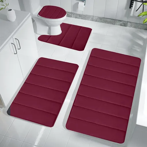 Bathroom Rugs Sets 3 Piece, Bath Rugs for Bathroom Non Slip, Ultra Soft Water Absorbent Microfiber Bath Mat Set, Machine Washable Thick Plush Bath Mats for Bathroom Floor,Tub and Shower 4 pc Red 1